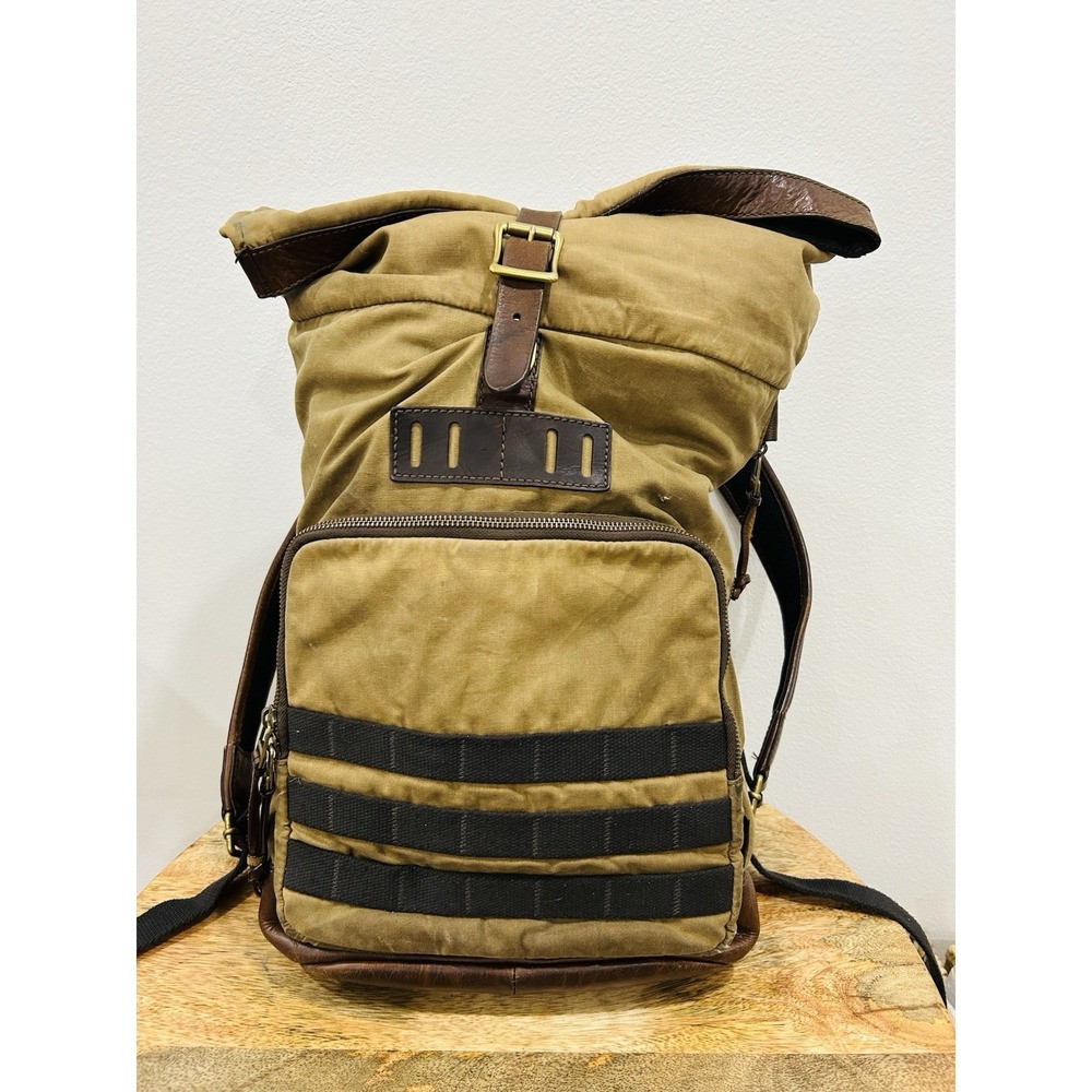 Distressed Fossil Defender Canvas & Leather roll-top backpack Rucksack Tan Brown